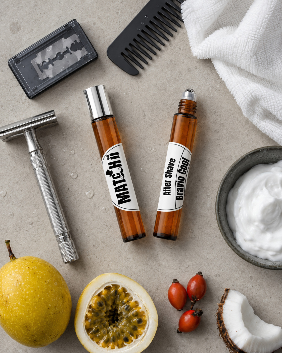 after-shave-bravio-cool-sem-alcool-natural-dosador-inteligente Dois frascos cilíndricos de vidro âmbar lado a lado um com tampa prateada e outro aberto com esfera metálica visível rodeados por aparelho de barbear lâmina de barbear maracujá inteiro pedaço de maracujá e coco