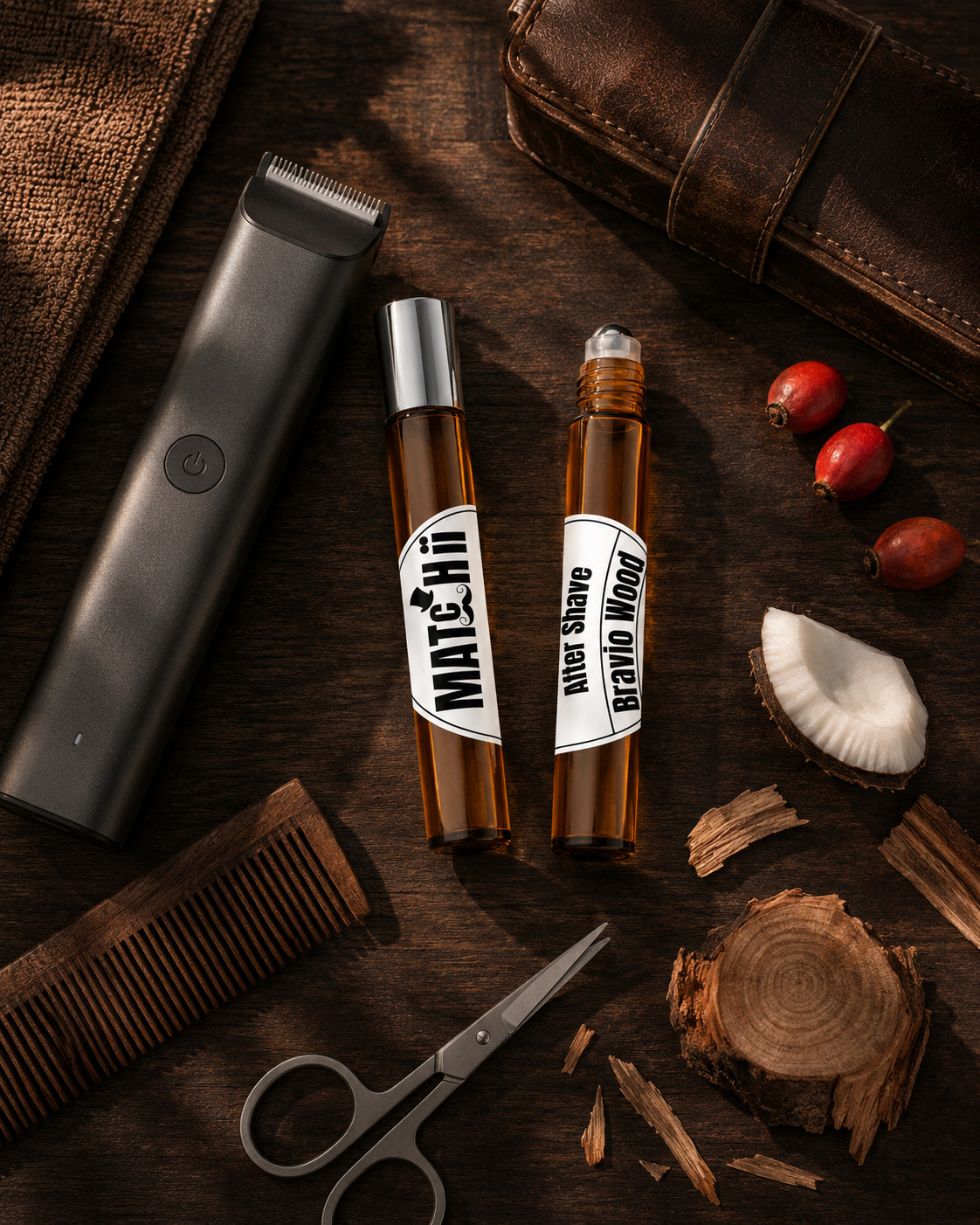 after-shave-bravio-wood-frasco-portatil-dosador-inteligente Dois frascos cilíndricos na vertical de vidro âmbar com after shave , um fechado com tampa prateada e outro com esfera metálica deslizante, em destaque rodeados por tesoura de alumínio pedaço de madeira de cedro e coco máquina de aparar barba e pente de madeira