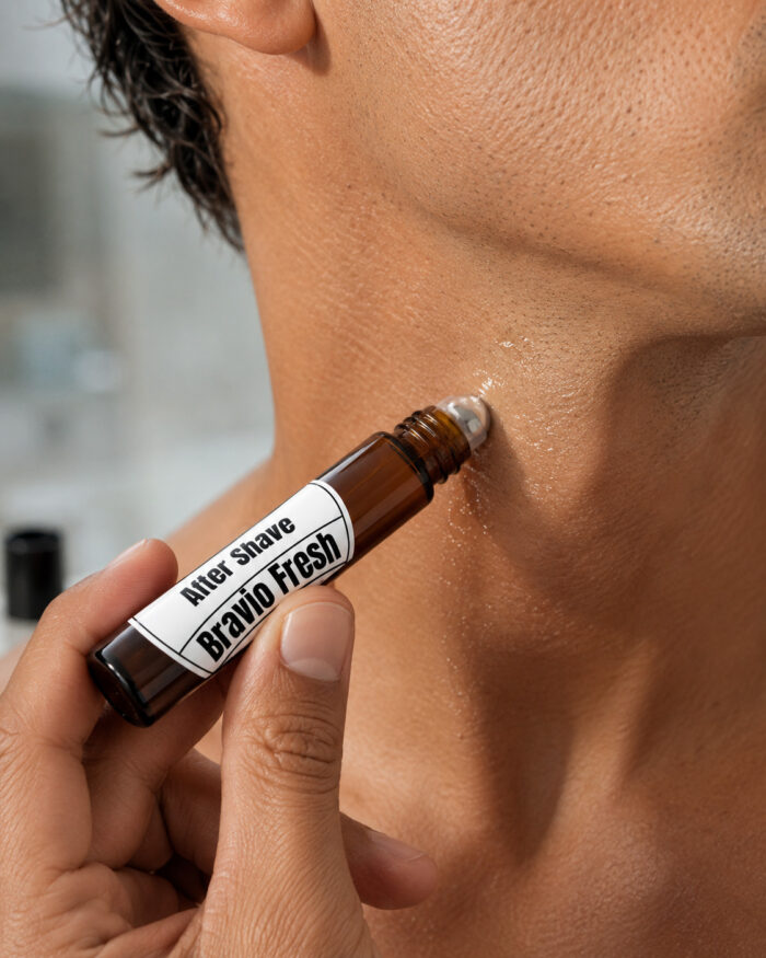mão esquerda aplicando after shave no pescoço com frasco de vidro cilíndrico com rótulo redondo branco com ponta esférica deslizante