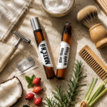 Dois frascos de vidro âmbar after shave Bravio um com tampa prateada e outro aberto com esfera metálica a mostra rodeado por pincel de barba pente de madeira pote de madeira com espuma de barbear aparelho de barbear coco alecrim
