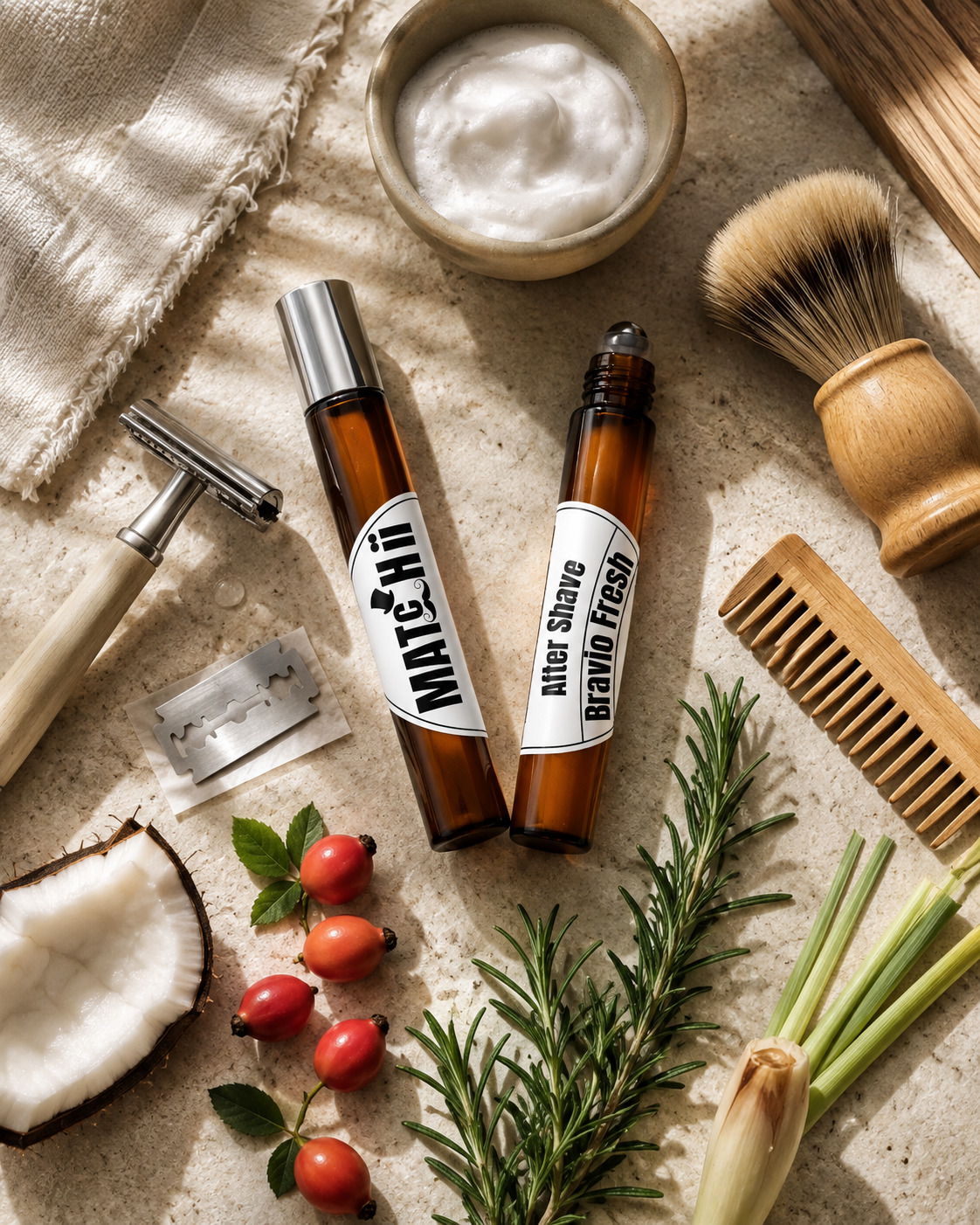 after-shave-vegano-textura-leve-bravio-fresh-roll-on-portatil Dois frascos de vidro âmbar after shave Bravio um com tampa prateada e outro aberto com esfera metálica a mostra rodeado por pincel de barba pente de madeira pote de madeira com espuma de barbear aparelho de barbear coco alecrim