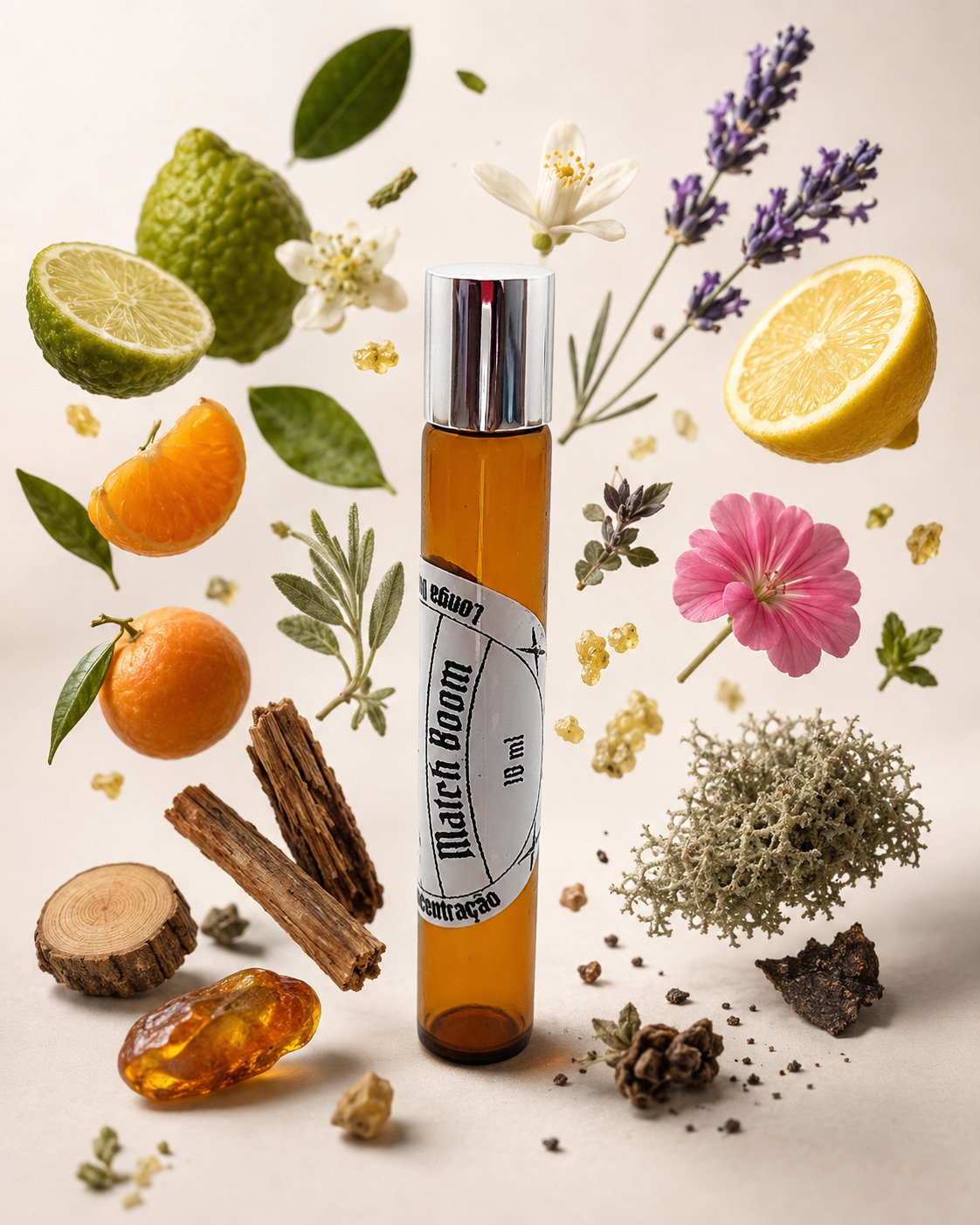 alta-concentracao-match-boom-citrico-aromatico-eau-de-parfum-roll-on-matchii frasco de perfume roll on em vidro âmbar com tampa cromada em posição vertical rodeado por pedaço de âmbar cedro laranja gomo de tangerina limão lírio lavanda
