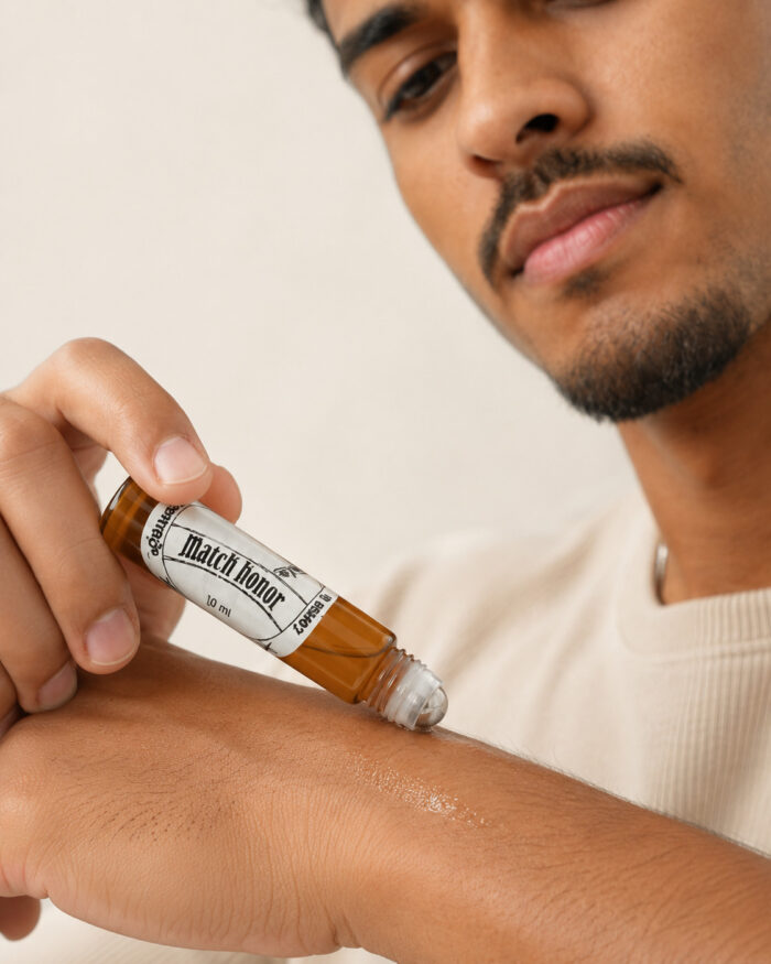 homem moreno de cavanhaque com camisa bege claro segurando frasco roll on e aplicando perfume com a mão direita no antebraço esquerdo