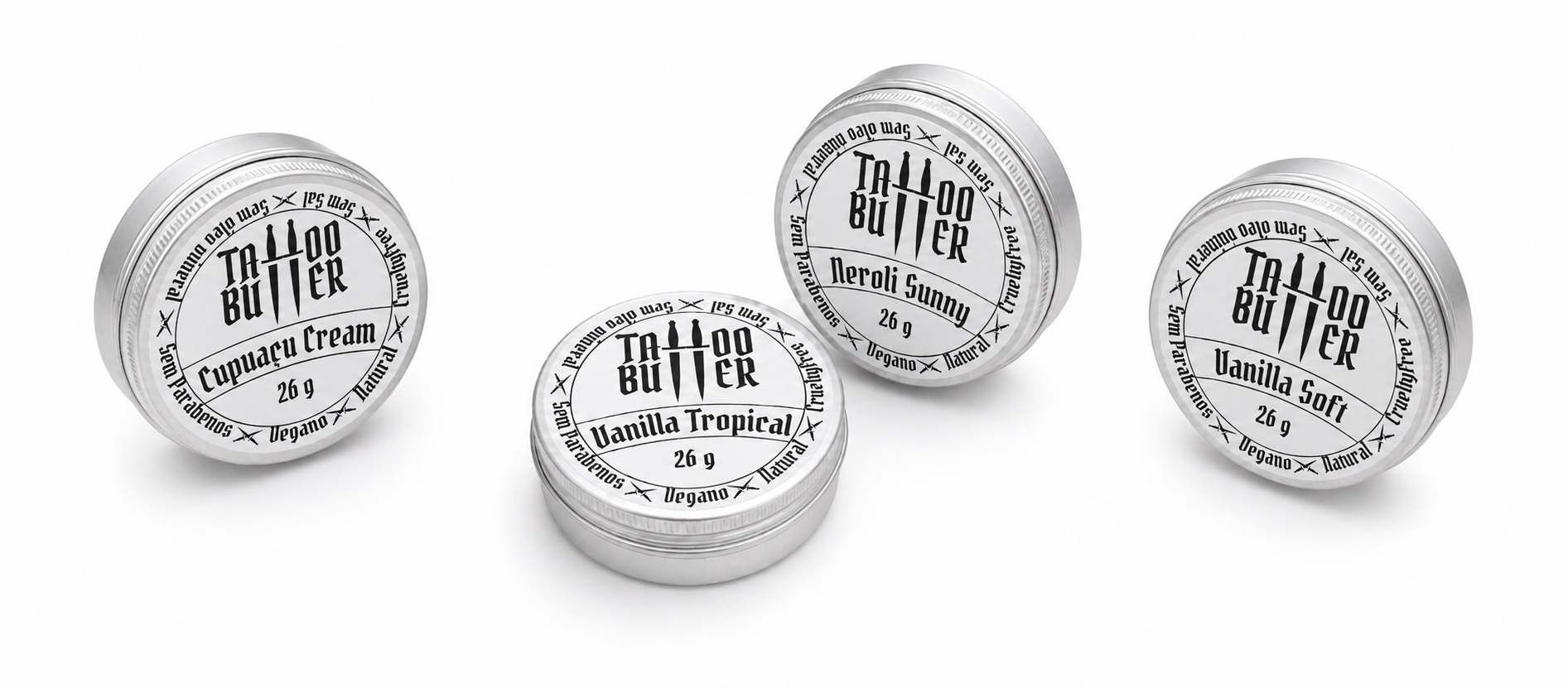 4 latinhas de alumínio, com rótulos brancos: Matchii Cupuaçu Cream, Matchii Vanilla Tropical, Matchii Neroli Sunny e Matchii Vanilla Soft posicionadas lado a lado