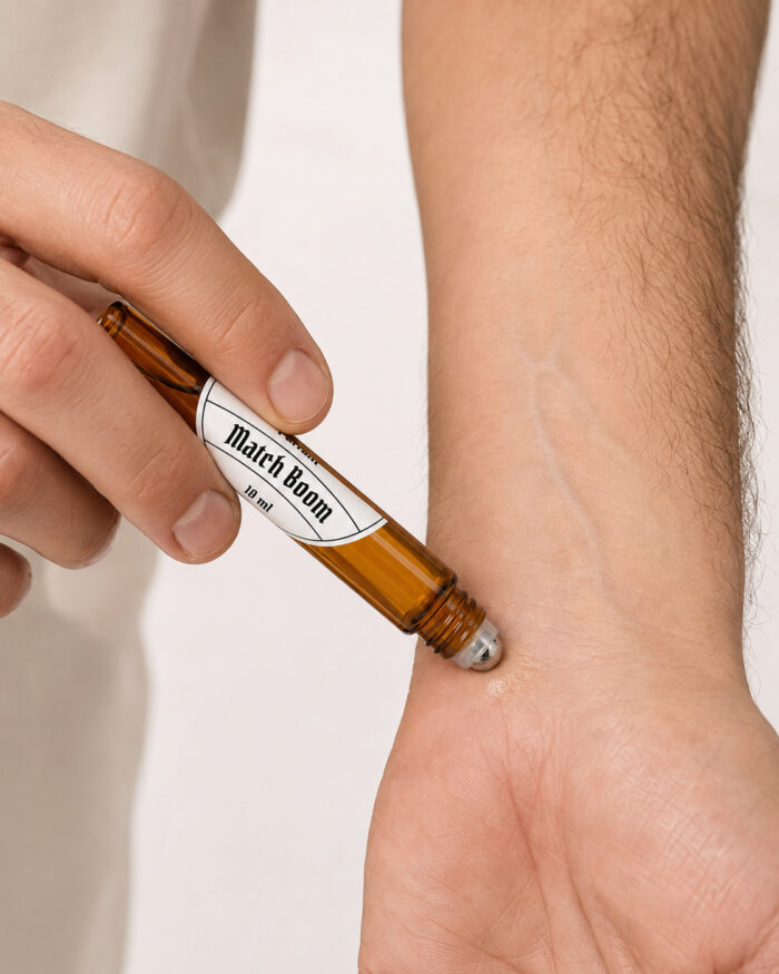 mão direita passando perfume com frasco cilíndrico de vidro âmbar com ponta redonda deslizante de aço e rótulo redondo branco no pulso esquerdo