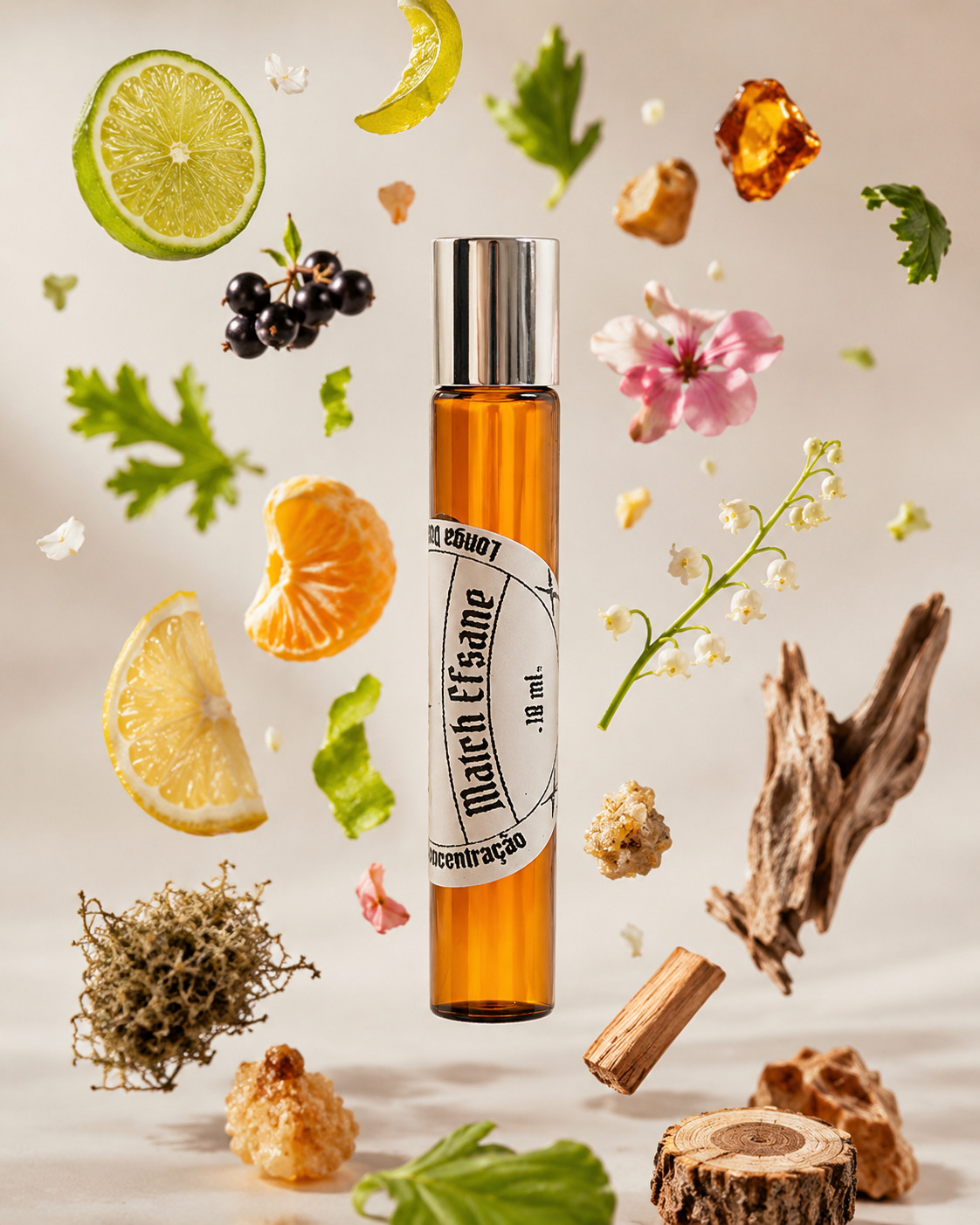 eau-de-parfum-roll-on-match-efsane-piramide-olfativa-matchii frasco de perfume âmbar de vidro modelo roll on com tampa cromada na posição vertical no centro rodeado por fatia de limão e laranja gomo de tangerina laranja madeira de cedro fava de baunilha hortelã