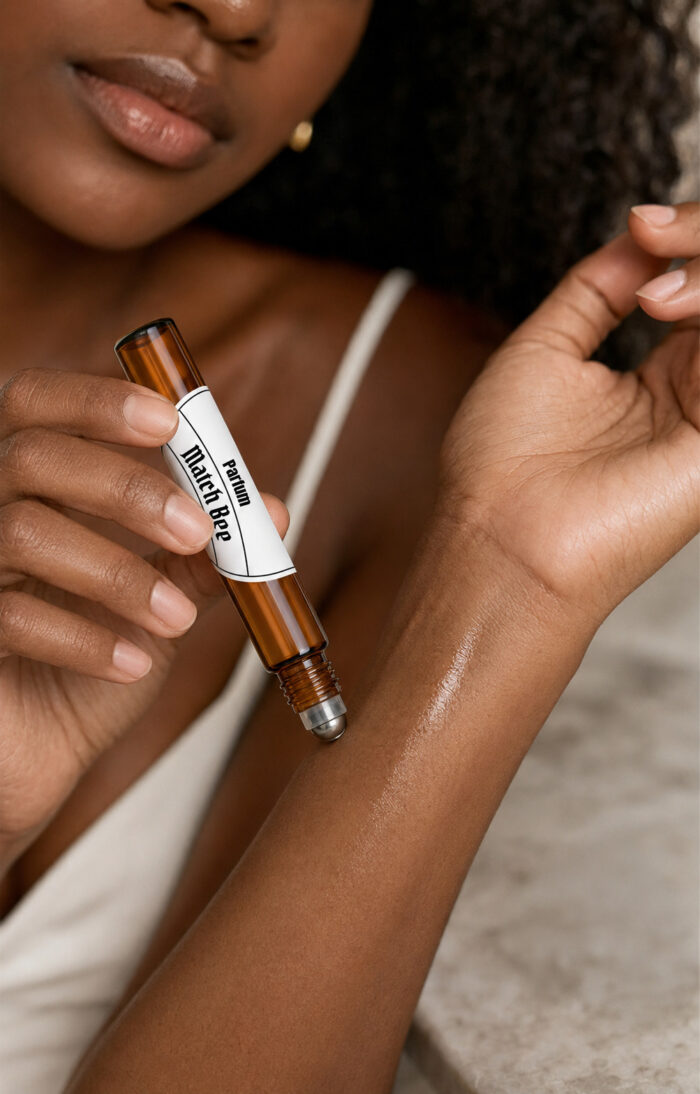 mão feminina passando frasco de vidro âmbar com ponta de esfera de aço deslizante cilíndrico com perfume no pulso esquerdo