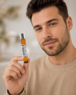 homem branco barbudo com contato visual direto vestindo camisa bege segurando com mão esquerda frasco de vidro de perfume masculino com rótulo branco match boom