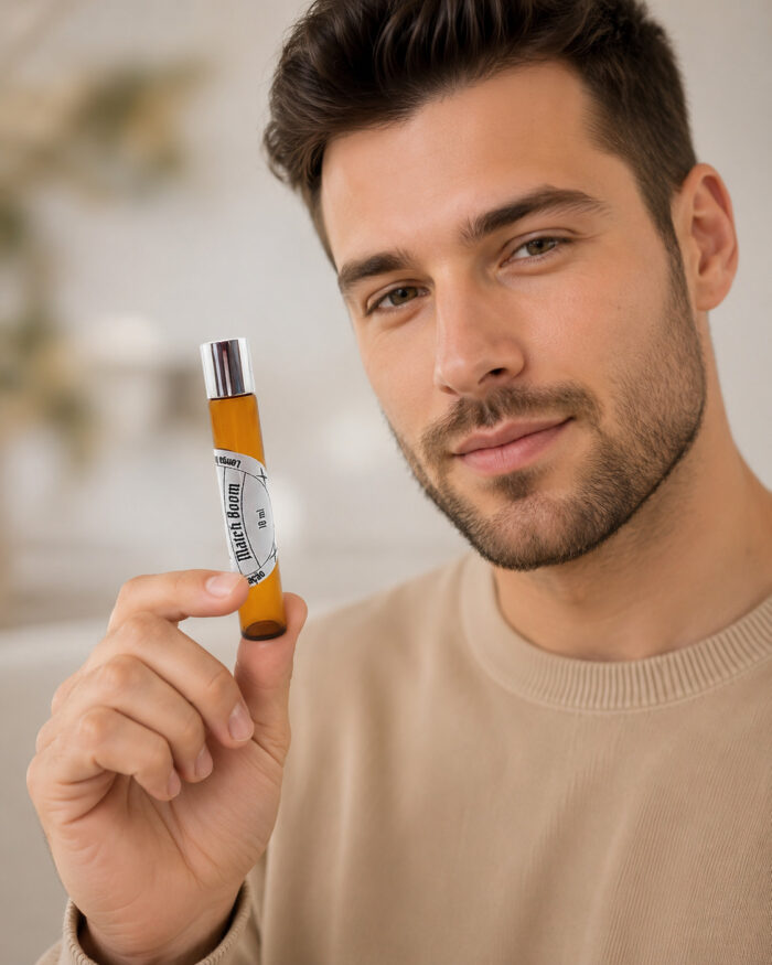 homem branco barbudo com contato visual direto vestindo camisa bege segurando com mão esquerda frasco de vidro de perfume masculino com rótulo branco match boom