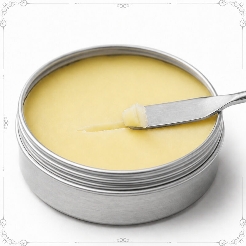 Latinha de alumínio aberta, com manteiga hidratante para tattoo com uma pequena espátula apoiada na borda