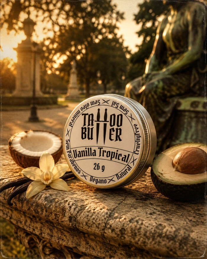 Latinha de alumínio Matchii Vanilla Tropical do Kit Ikii, com rótulo branco redondo, cercada por coco, flor clara, baunilha e abacate sobre uma base de pedra em ambiente externo.