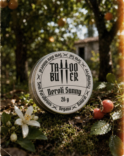 Latinha de alumínio Matchii Neroli Sunny com rótulo branco redondo, posicionada sobre musgo entre flores brancas, folhas verdes e pequenos frutos avermelhados em cenário natural.