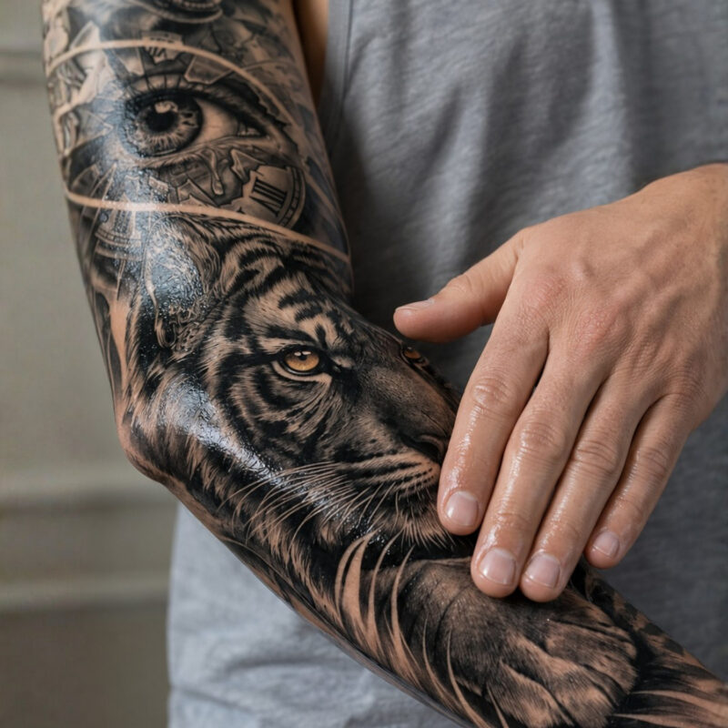 mão esquerda hidratando braço com tatuagem de tigre e olho dentro de um relógio com numeração romana do braço direito