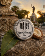 Latinha de alumínio Matchii Cupuaçu Cream do Kit Ikii, com rótulo branco redondo, apoiada sobre pedra ao lado de uma folha verde e coco aberto, com praça e monumento desfocados ao fundo.