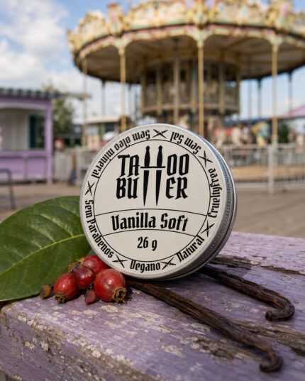 latinha de alumínio com rótulo branco redondo matchii vanilla soft 26g sob tampo de madeira violeta claro descascado com folha verde e frutas vermelhas ao fundo carrossel e montanha russa