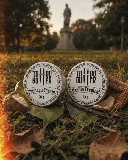 Duas latinhas de alumínio do Kit Ikii, com rótulos brancos redondos escritos Matchii Cupuaçu Cream e Vanilla Tropical, apoiadas sobre folhas e grama em um parque, com coco ao redor e estátua desfocada ao fundo.