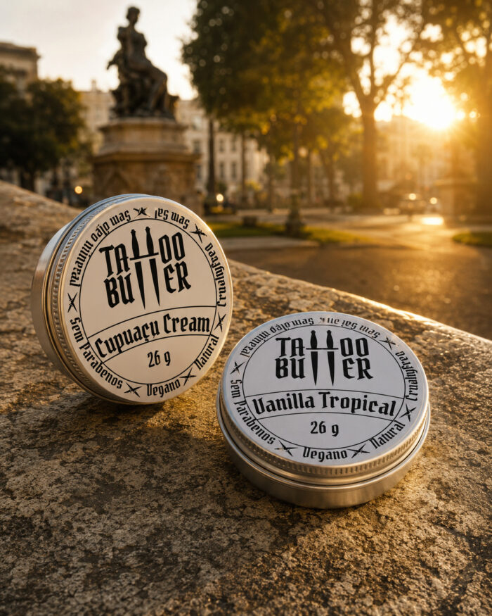 Duas latinhas de alumínio do Kit Ikii com rótulos brancos redondos escritos Matchii Cupuaçu Cream e Vanilla Tropical, apoiadas sobre pedra em uma praça iluminada pelo pôr do sol.