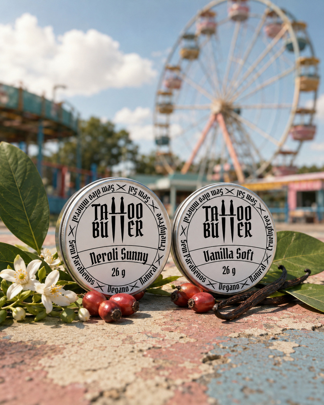manteiga-para-tatuagem-kit-nii-neroli-sunny-vanilla-soft-roda-gigante duas latas de alumínio posicionadas lado a lado verticalmente com rótulo redondo branco tatto butter neroli sunny e outro tattoobutter vanilla soft rodeado por folhas verdes frutas vermelhas e lírios com roda gigante e carrossel ao fundo