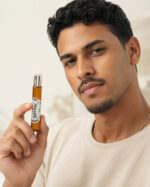 homem moreno com cavanhaque e camisa bege clara olhando para frete e segurando frasco de perfume roll on masculino