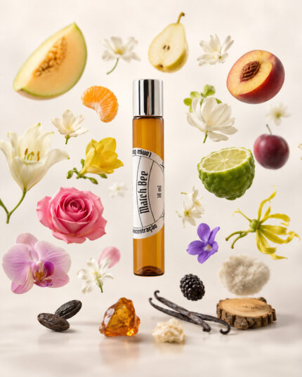 frasco de perfume de bolsa cilíndrico feito com vidro âmbar com tampa cromada com rótulo branco match bee com pedaços de melão pêra pêssego limão madeira de cedro âmbar fava de baunilha jasmim lavanda