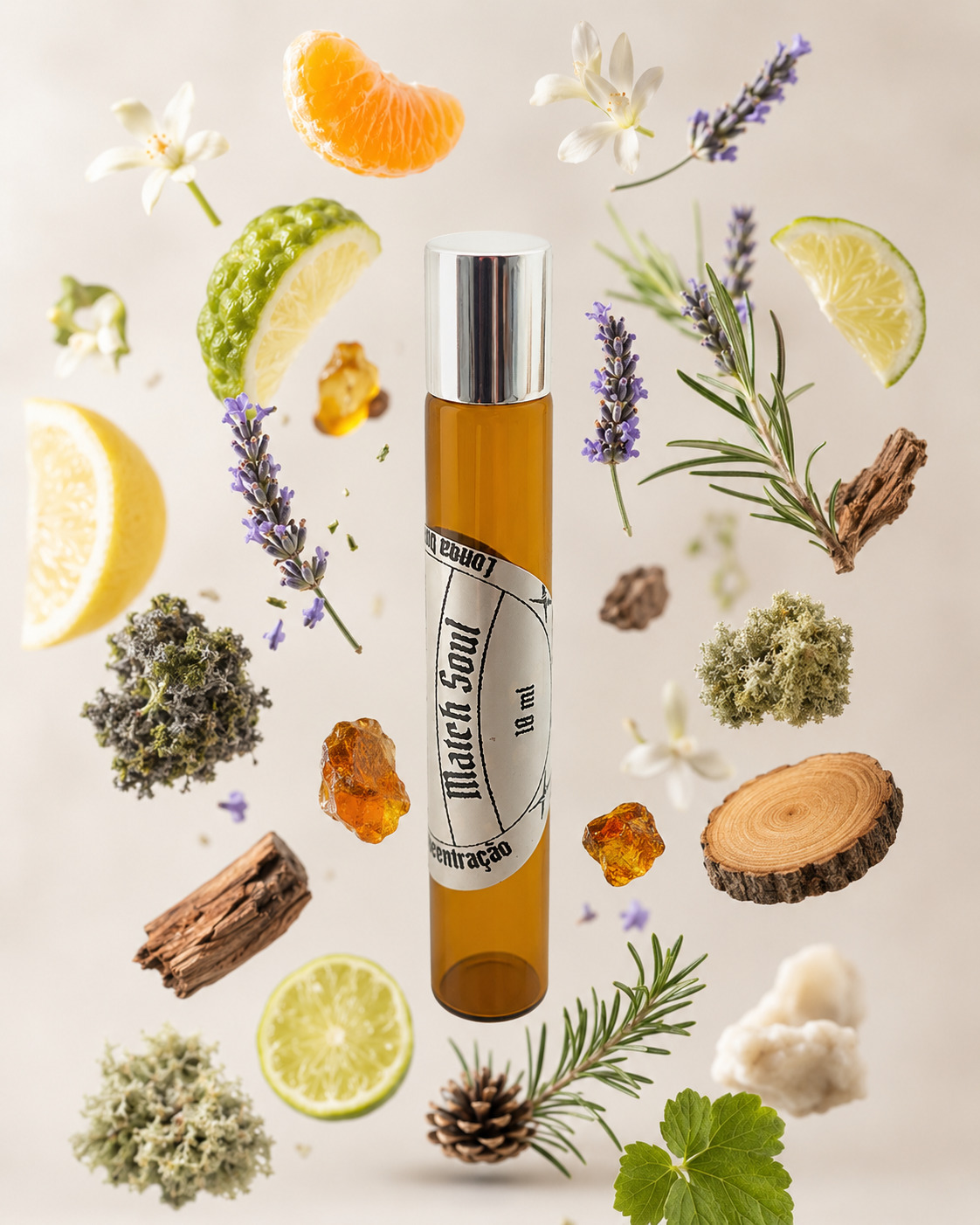perfume-roll-on-match-soul-citrico-floral-matchii frasco de perfume portátil cilíndrico de vidro âmbar com tampa cromada com rótulo redondo branco match soul na vertical rodeado por fatia de limão pedaço de madeira de cedro alecrim lavanda gomo de tangerina âmbar
