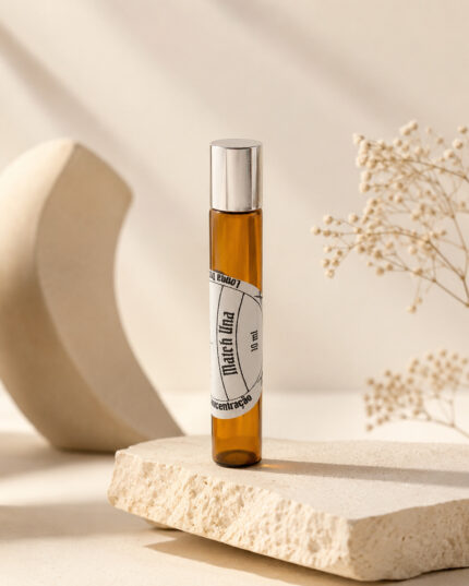 perfume feminino em frasco cilíndrico âmbar com tampa cromada rótulo redondo branco match una sobre pedra de granito clara