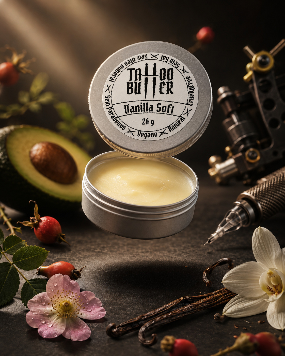tattoo-butter-vanilla-soft-matchii-26g-baunilha-abacate-rosa-mosqueta Matchii Vanilla Soft MATCHII com abacate, baunilha, rosa-mosqueta e equipamentos de tatuagem.